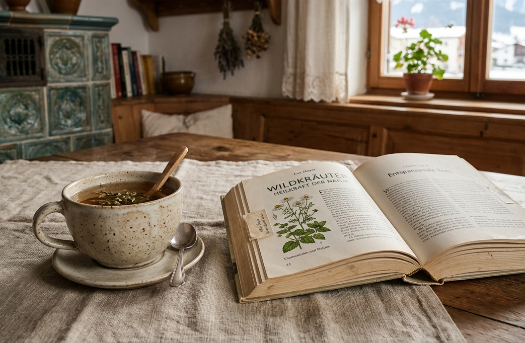 Tasse Kräutertee neben einem aufgeschlagenen Buch